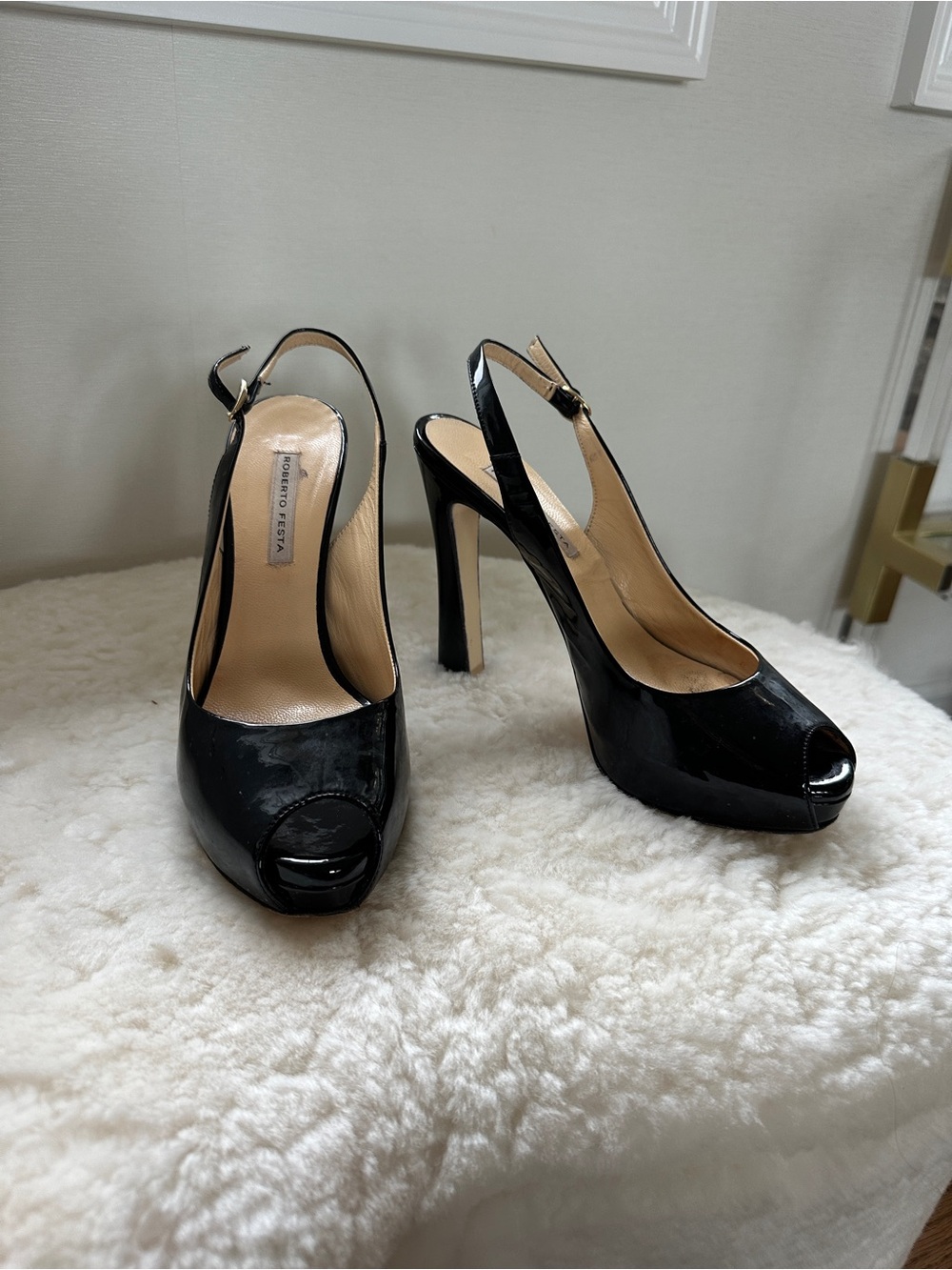 Black Patent Peep-Toe Slingback High Heels
